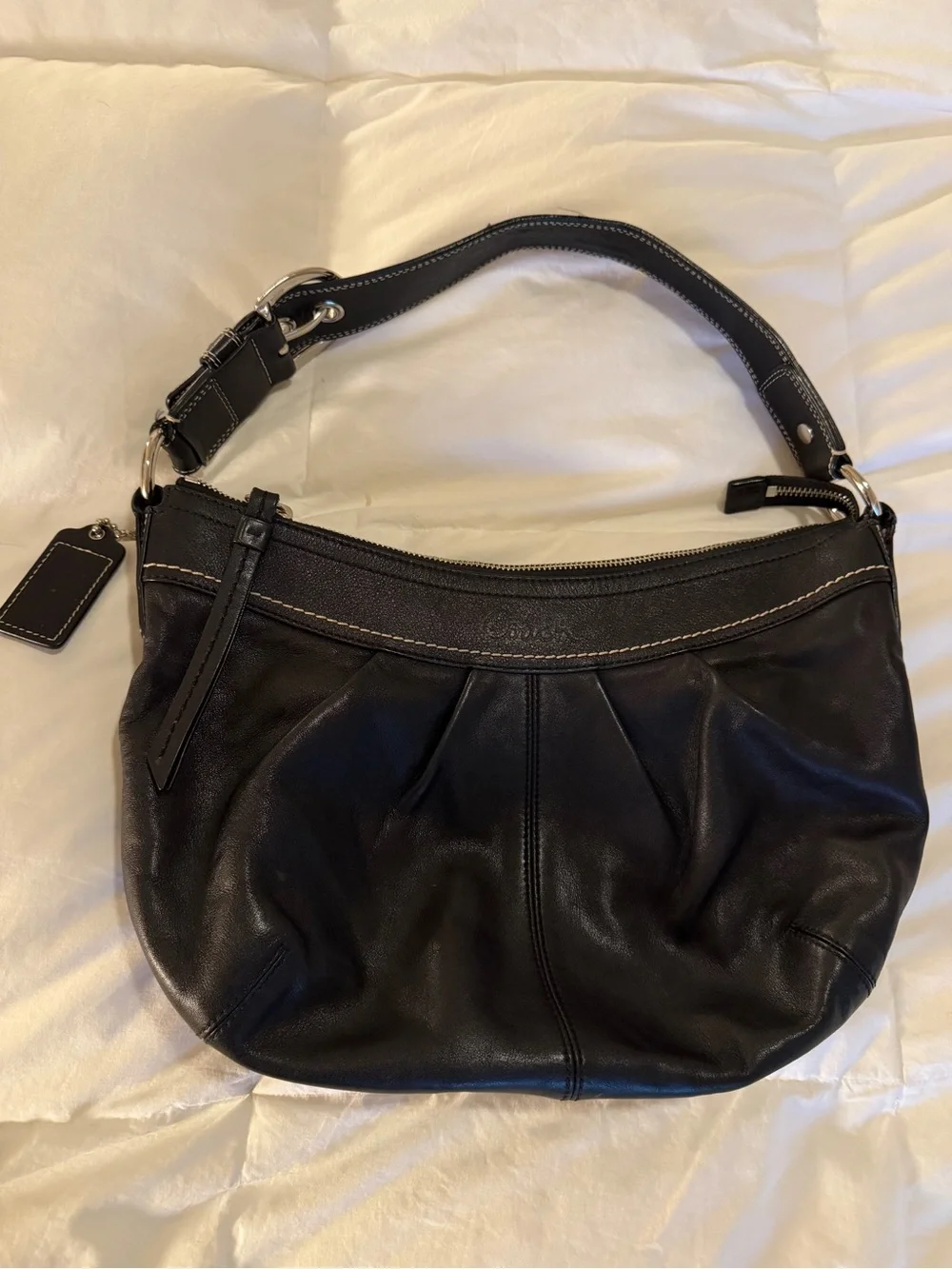 Coach Black Leather Shoulder Hobo with Silver Hardware
